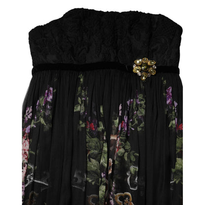 Dolce & Gabbana Black Floral Key Print Crystal Strapless Dress