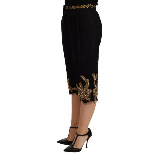 Dolce & Gabbana Black Lace Gold Baroque SPECIAL PIECE Shorts, knee length with exclusive design, zipper closure, made in Italy.