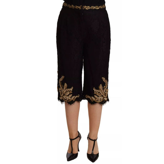 Dolce & Gabbana Black Lace Gold Baroque SPECIAL PIECE Shorts, knee-length, zipper closure, made in Italy fashion, exclusive craftsmanship.