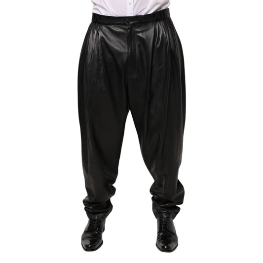 Dolce & Gabbana Black Lamb Leather Trousers Men Pants with button and zip closure, side and back pockets, and logo detailing.