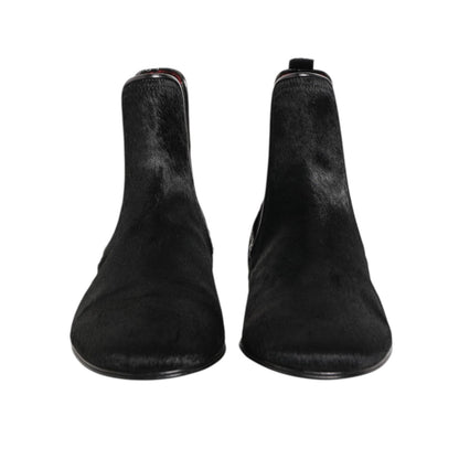 Dolce & Gabbana Black Leather Fur Men CHELSEA Boots Shoes