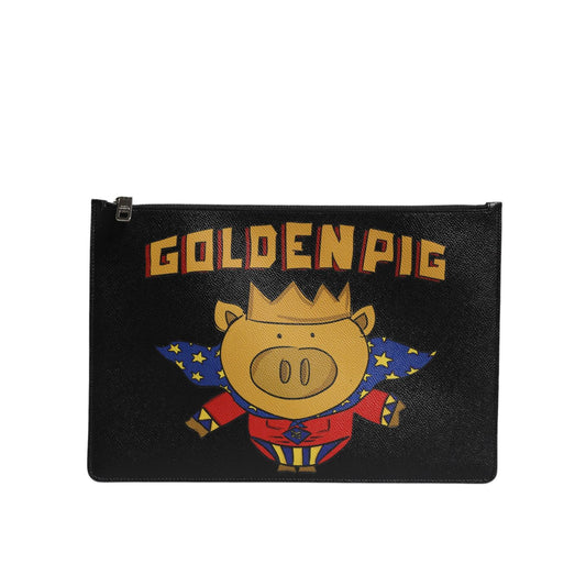 Dolce & Gabbana Black Leather Golden Pig Print Men Clutch Pouch Borse Bag with multicolor graphic and zipper closure.