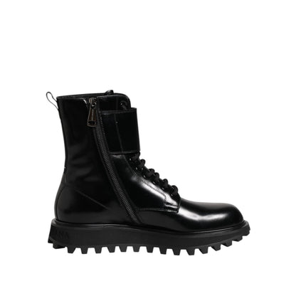 Dolce & Gabbana Black Leather Lace Up Mid Calf Boots Shoes