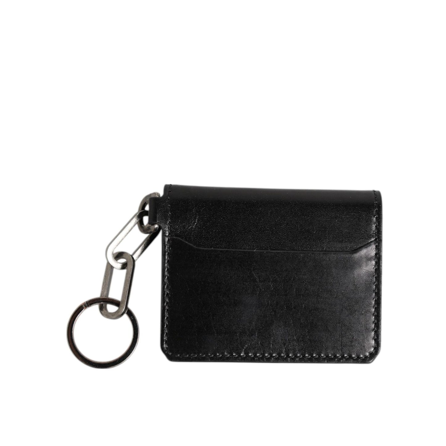 Dolce & Gabbana Black Leather Logo Embossed Key Chain Card Holder Wallet with zipper and key chain attachment, made from horse leather.