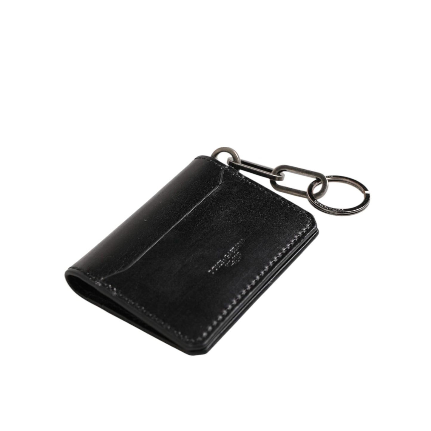 Dolce & Gabbana Black Leather Logo Embossed Key Chain Card Holder Wallet with zipper, made from luxury horse leather.