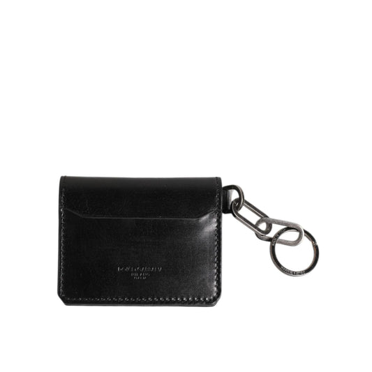 Dolce & Gabbana Black Leather Logo Embossed Key Chain Card Holder Wallet with zipper closure. Made in Italy.