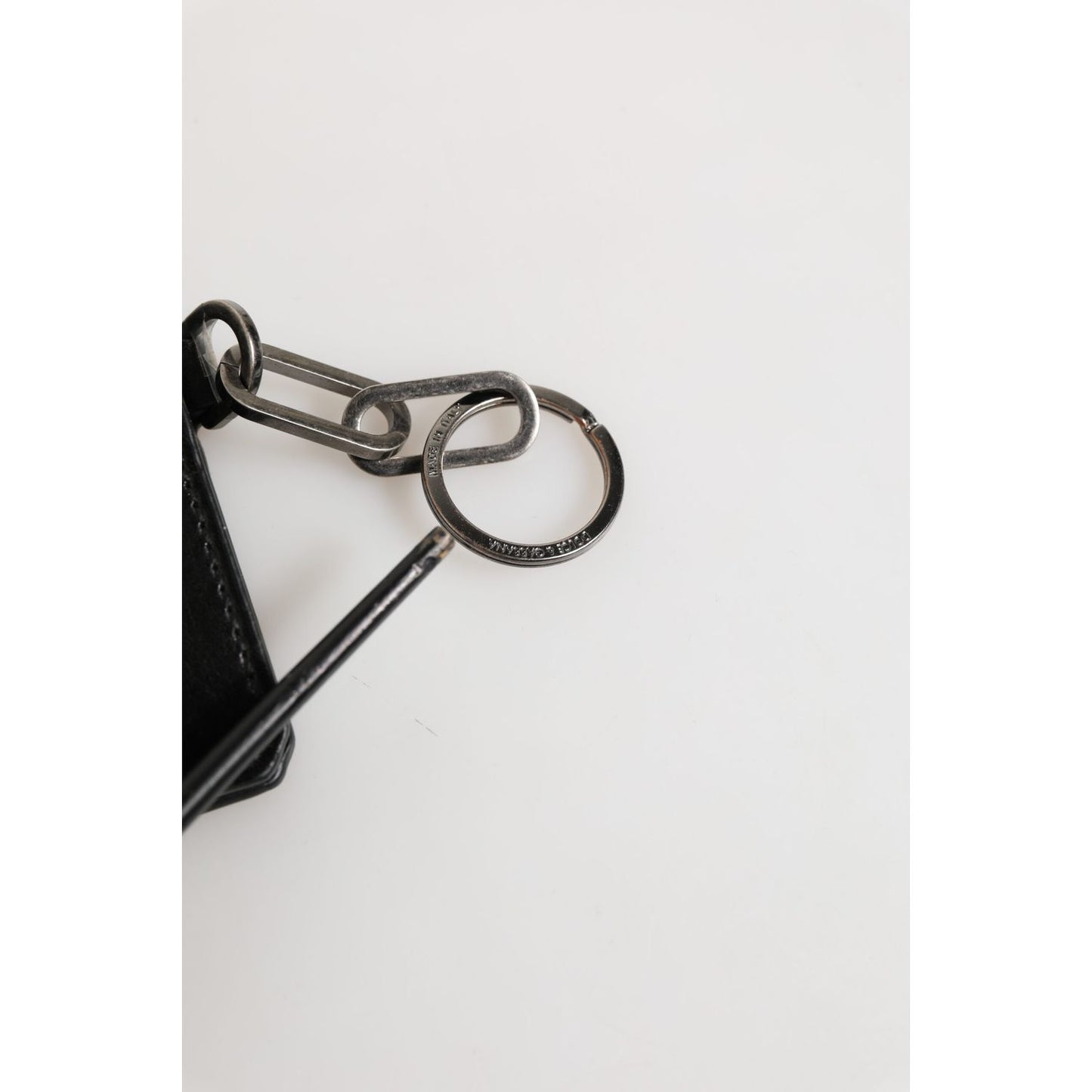 Dolce & Gabbana Black Leather Logo Embossed Key Chain Card Holder Wallet featuring metal key chain detail.