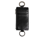Dolce & Gabbana Black Leather Logo Embossed Lanyard Card Holde Wallet, featuring zip closure and card slots, made in Italy.