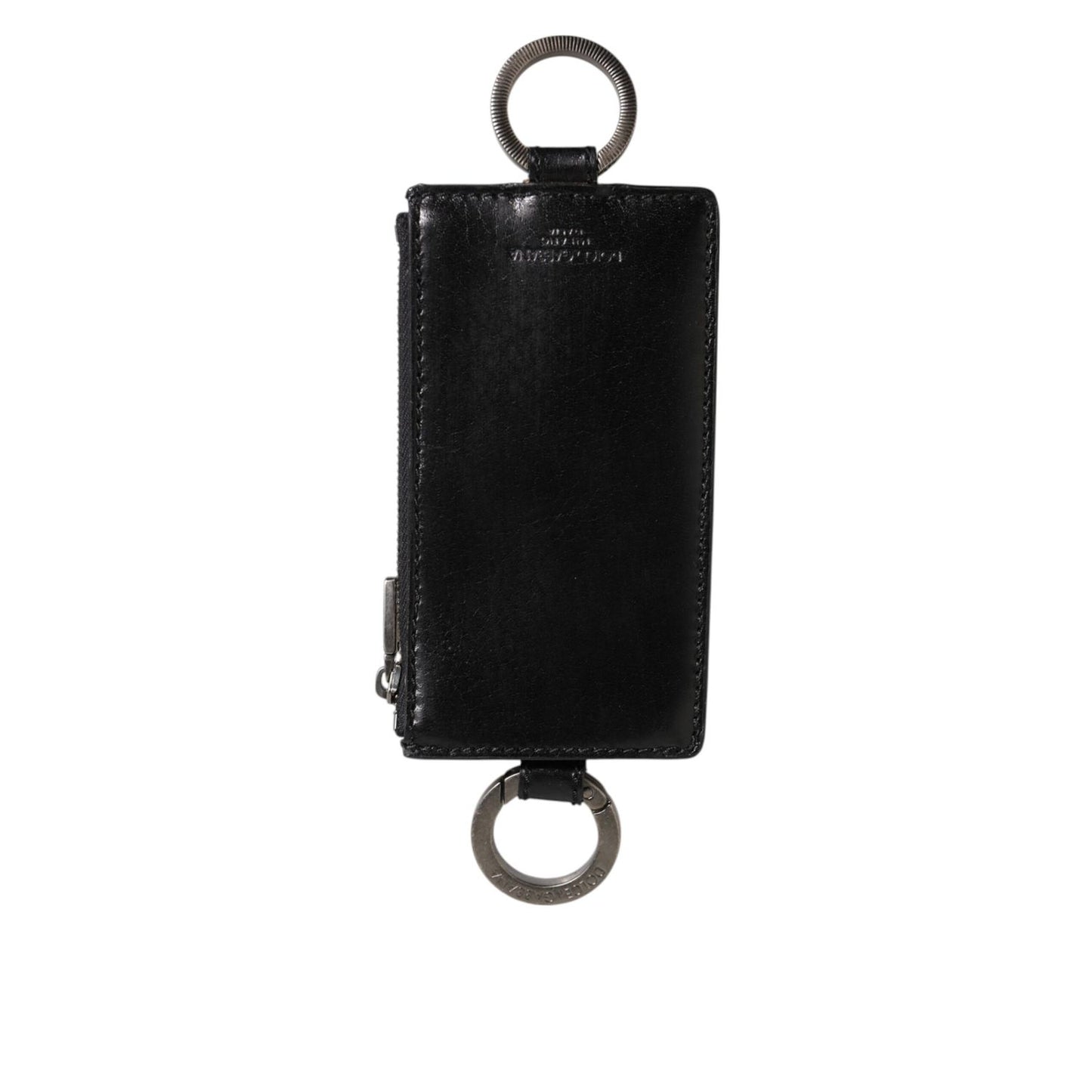 Dolce & Gabbana Black Leather Logo Embossed Lanyard Card Holde Wallet with zipper closure and shiny ring fastenings.