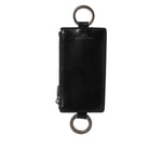 Dolce & Gabbana Black Leather Logo Embossed Lanyard Card Holde Wallet with zipper closure and shiny ring fastenings.