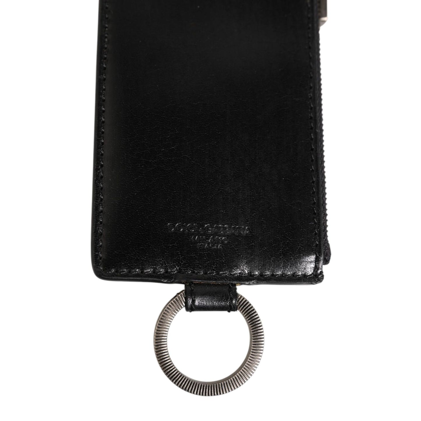 Dolce & Gabbana Black Leather Logo Embossed Lanyard Card Holde Wallet with ring fastening, rear view displaying logo detail.