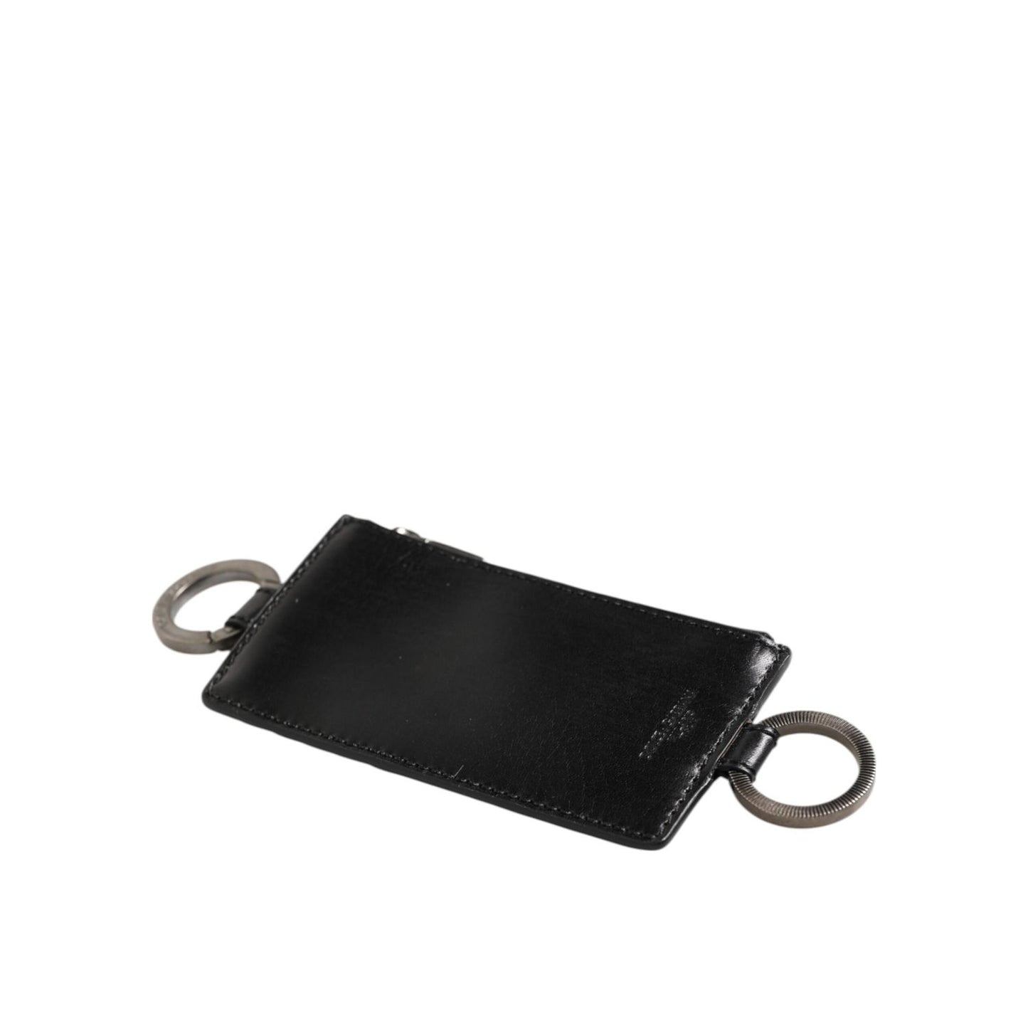 Dolce & Gabbana Black Leather Logo Embossed Lanyard Card Holde Wallet with ring fastenings and zipper closure.