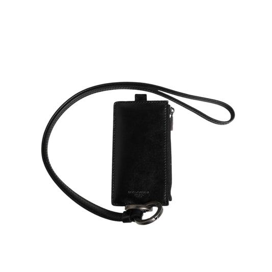 Dolce & Gabbana Black Leather Logo Embossed Lanyard Card Holder Wallet with zip closure and lanyard strap.