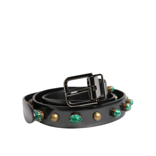 Dolce & Gabbana Black Leather Studded Silver Tone Buckle Belt