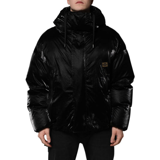 Dolce & Gabbana Black Logo Full Zip Hooded Quilted Jacket displayed on a model