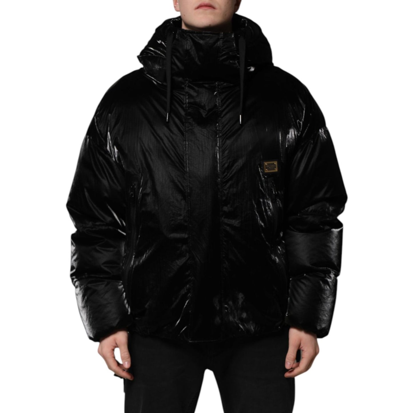 Dolce & Gabbana Black Logo Full Zip Hooded Quilted Jacket, nylon material, zipper closure, stylish Italian design.
