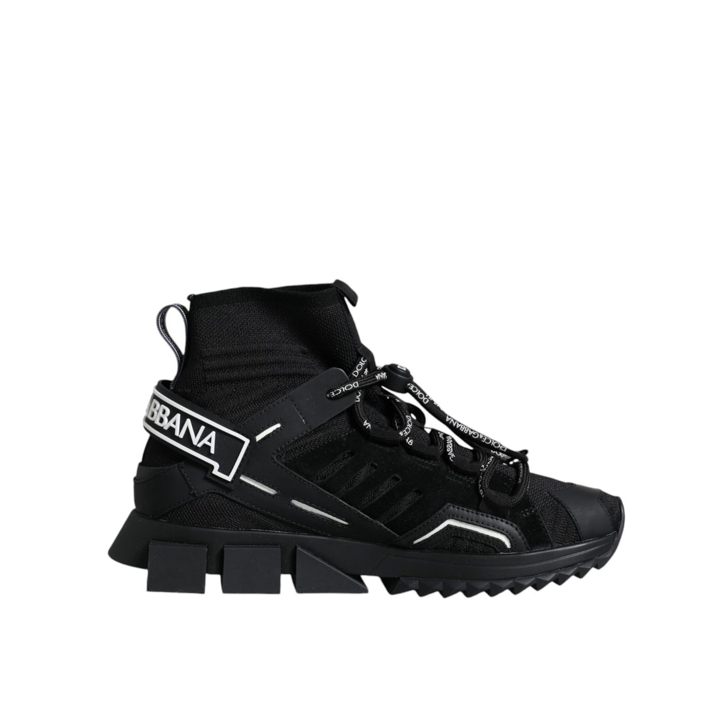 Dolce & Gabbana Black Sorrento Socks Logo Sneakers Shoes with round toe, sock-style, ridged sole, and logo details.