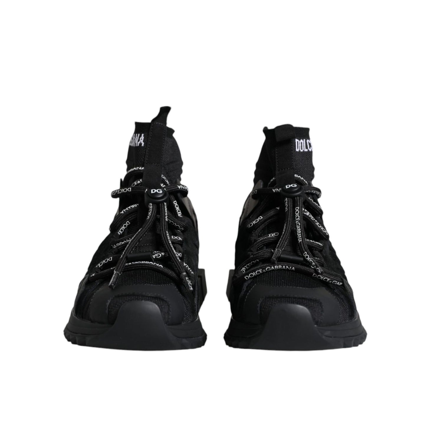 Dolce & Gabbana Black Sorrento Socks Logo Sneakers Shoes featuring a sock-style design and ridged rubber sole.