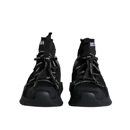 Dolce & Gabbana Black Sorrento Socks Logo Sneakers Shoes featuring a sock-style design and ridged rubber sole.