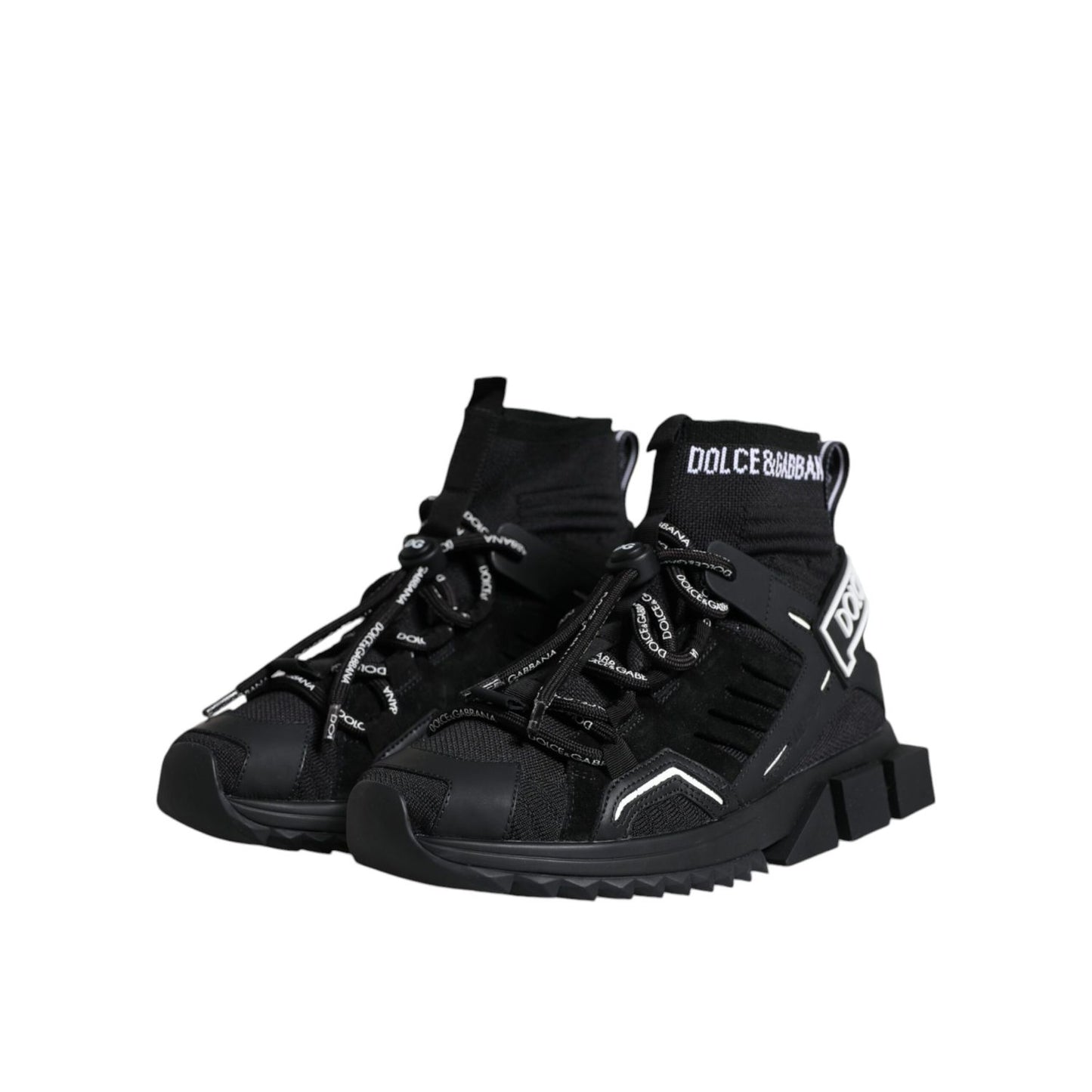 Dolce & Gabbana Black Sorrento Socks Logo Sneakers Shoes with ridged sole, lace-up design, and logo details on a black background.