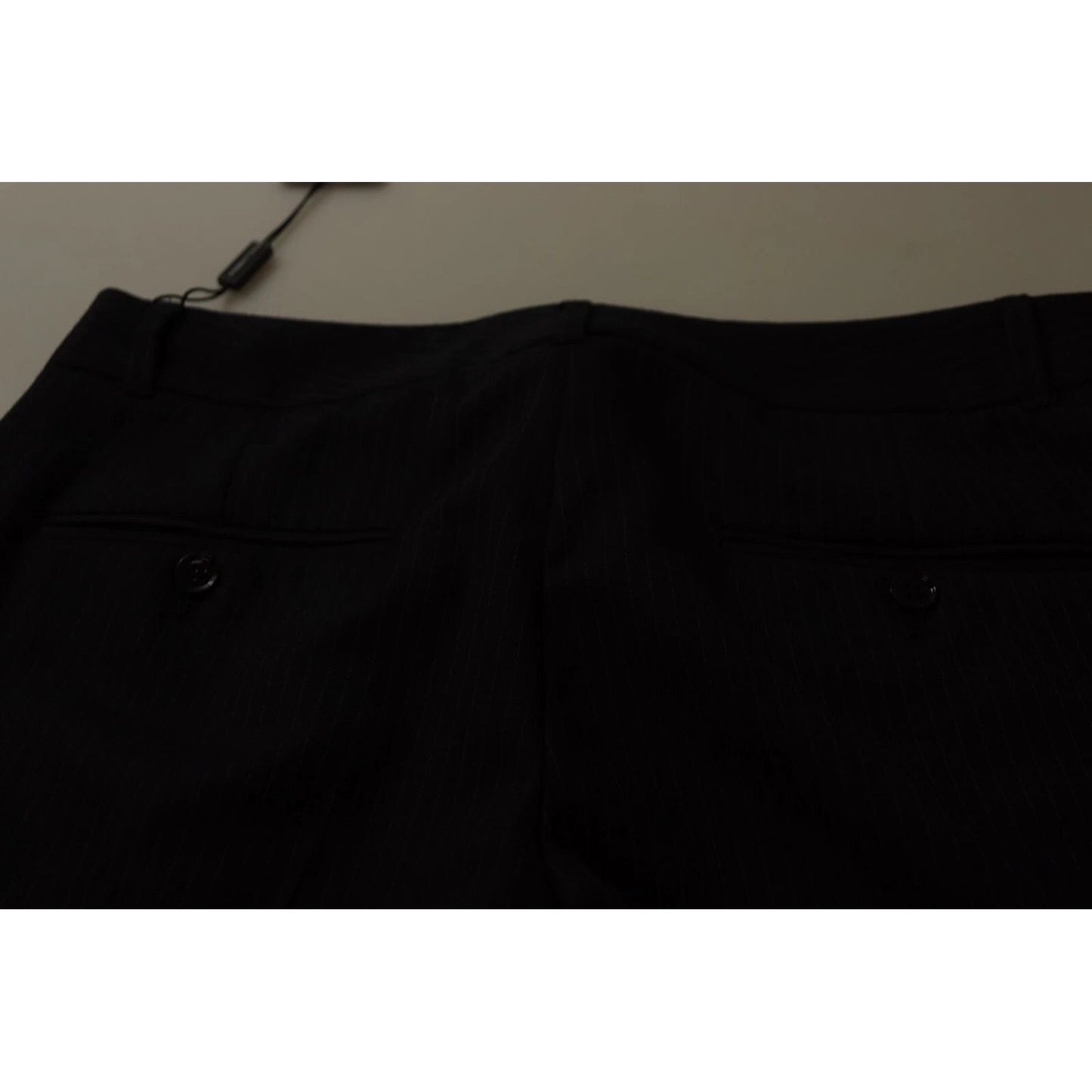 Dolce & Gabbana Black Stripes Mid Waist Trouser Pants back view with black wool blend fabric detailing.