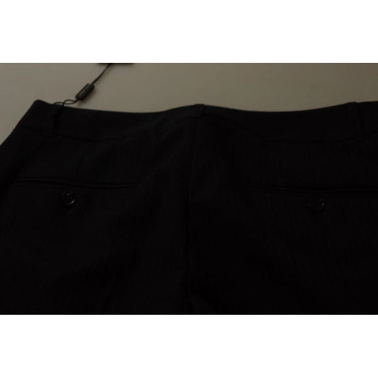 Dolce & Gabbana Black Stripes Mid Waist Trouser Pants back view with black wool blend fabric detailing.