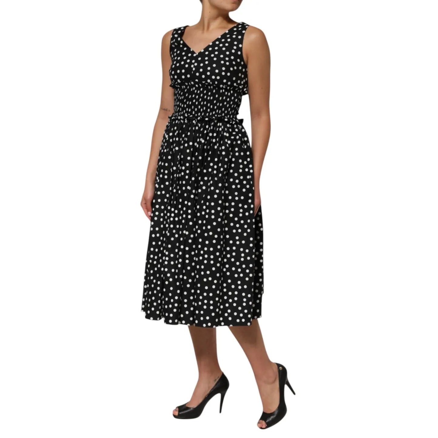 Dolce & Gabbana Black White Cotton Polka Dot Print V Neck Dress