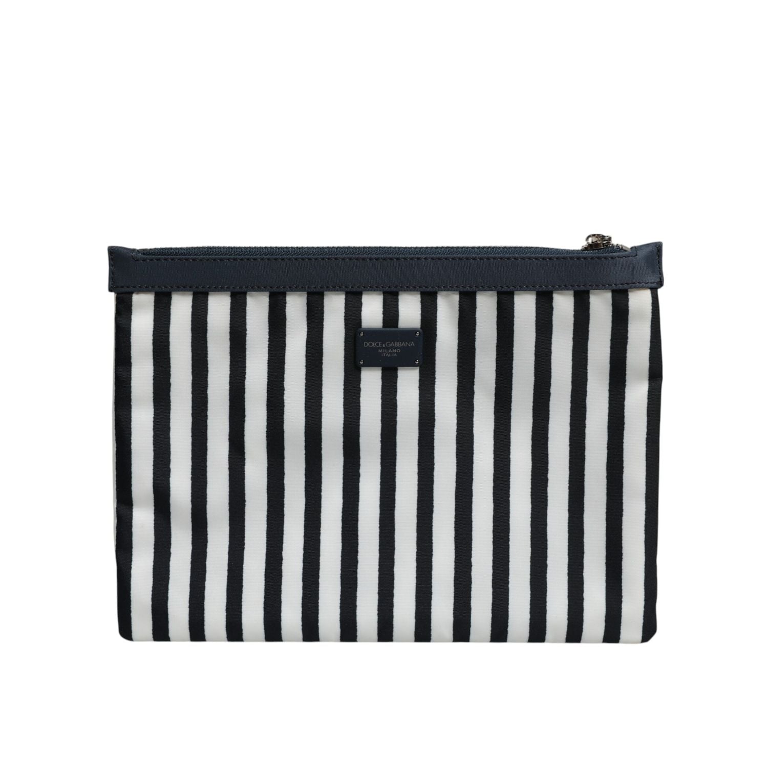 Dolce & Gabbana Black White Striped Logo Plaque Clutch Pouch Bag