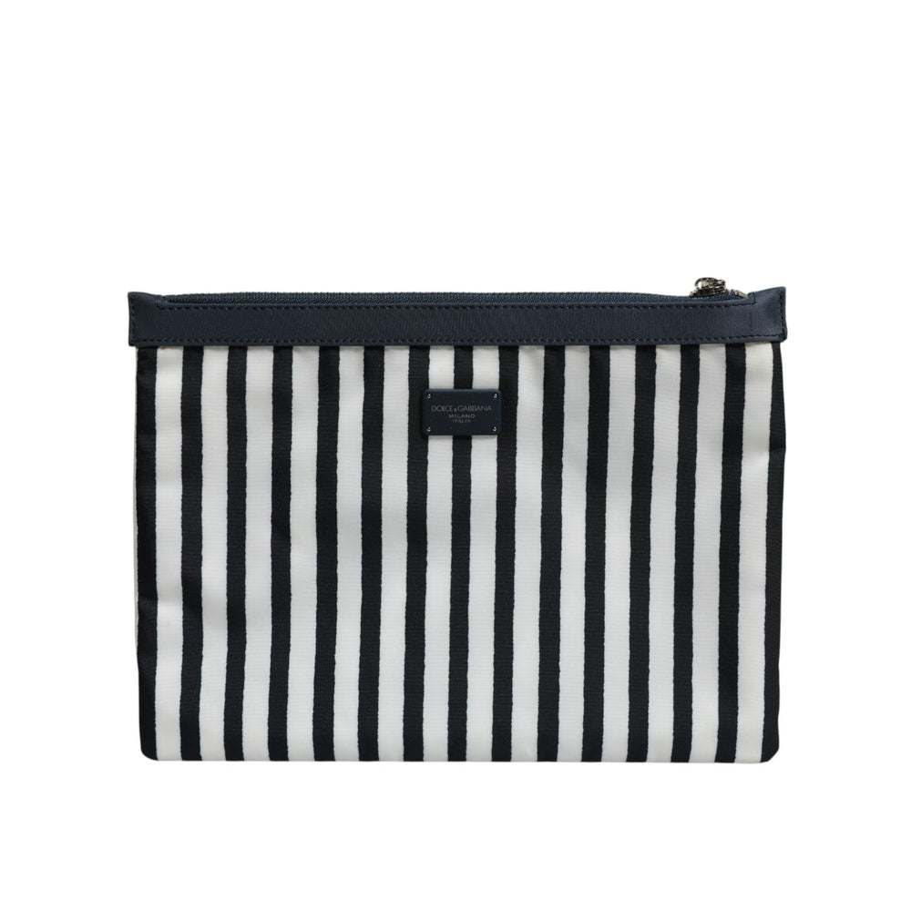 Dolce & Gabbana Black White Striped Logo Plaque Clutch Pouch Bag with zip closure and DG logo plaque, elegant and exclusive design.