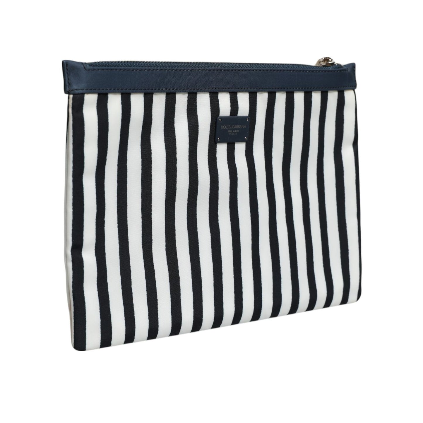 Dolce & Gabbana Black White Striped Logo Plaque Clutch Pouch Bag with zip closure and logo plaque. High craftsmanship, made in Italy.
