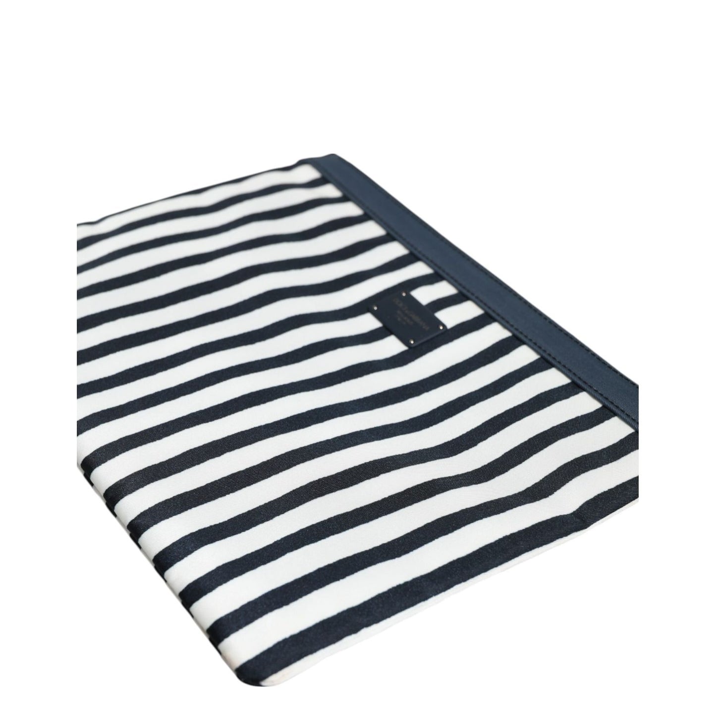 Dolce & Gabbana Black White Striped Logo Plaque Clutch Pouch Bag with zip closure, featuring DG logo detail and metal hardware.