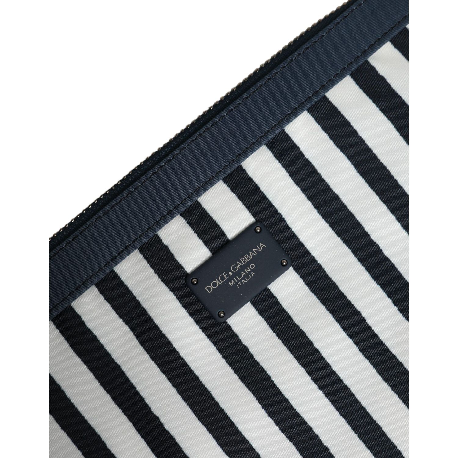 Dolce & Gabbana Black White Striped Logo Plaque Clutch Pouch Bag