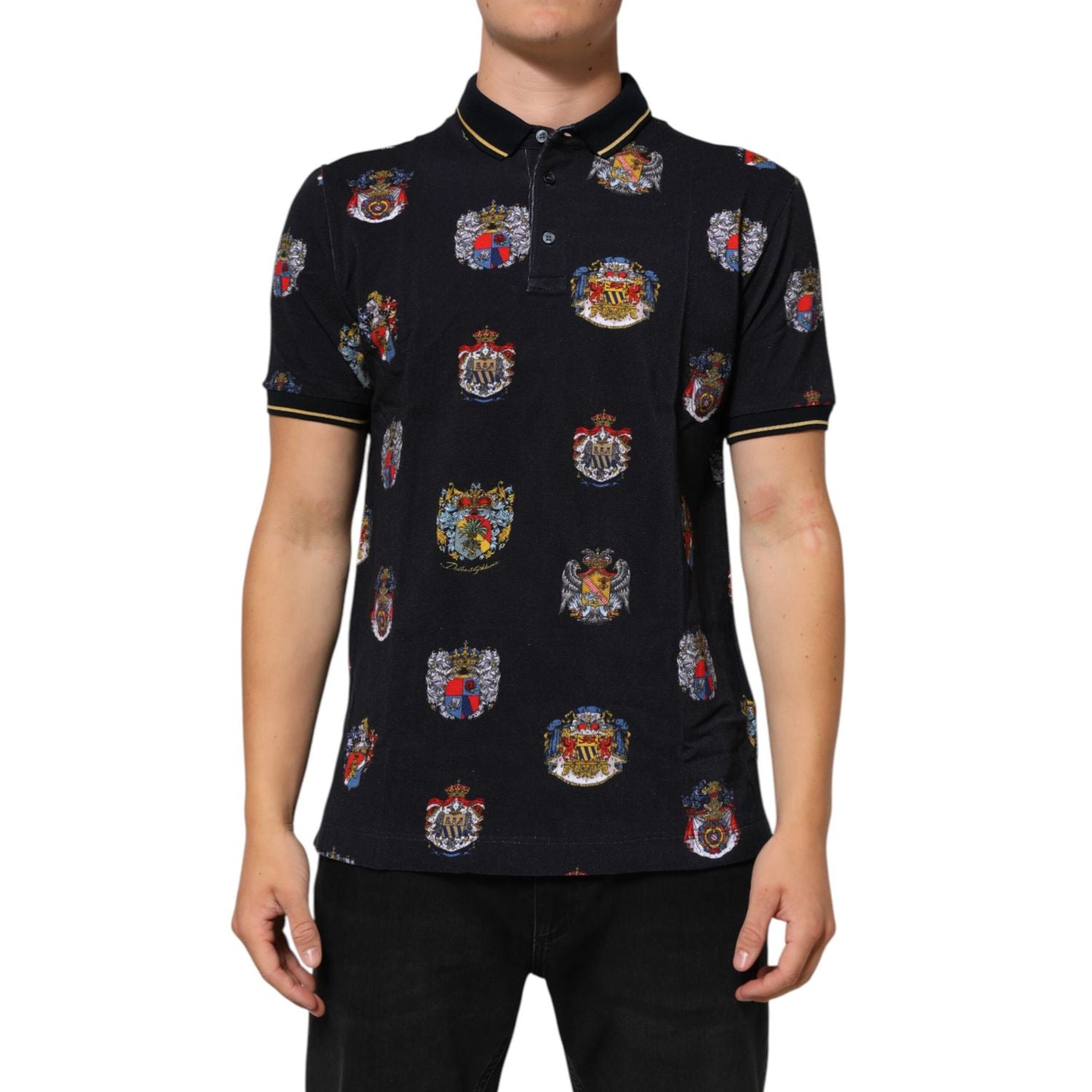 Dolce & Gabbana Blue Heraldic Crest Print Polo Shirt T-shirt