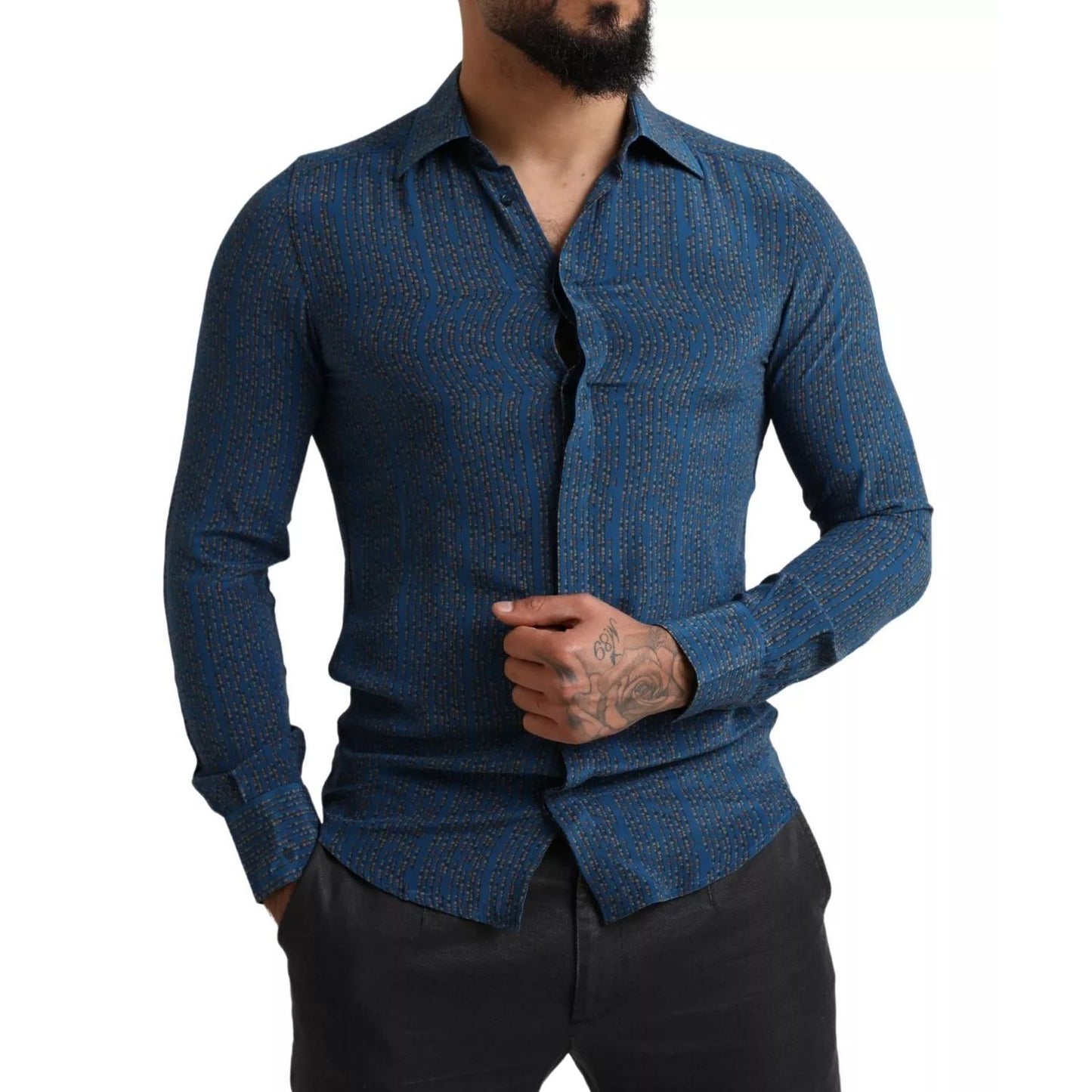 Dolce & Gabbana Blue MARTINI Silk Slim Fit Long Sleeves Shirt