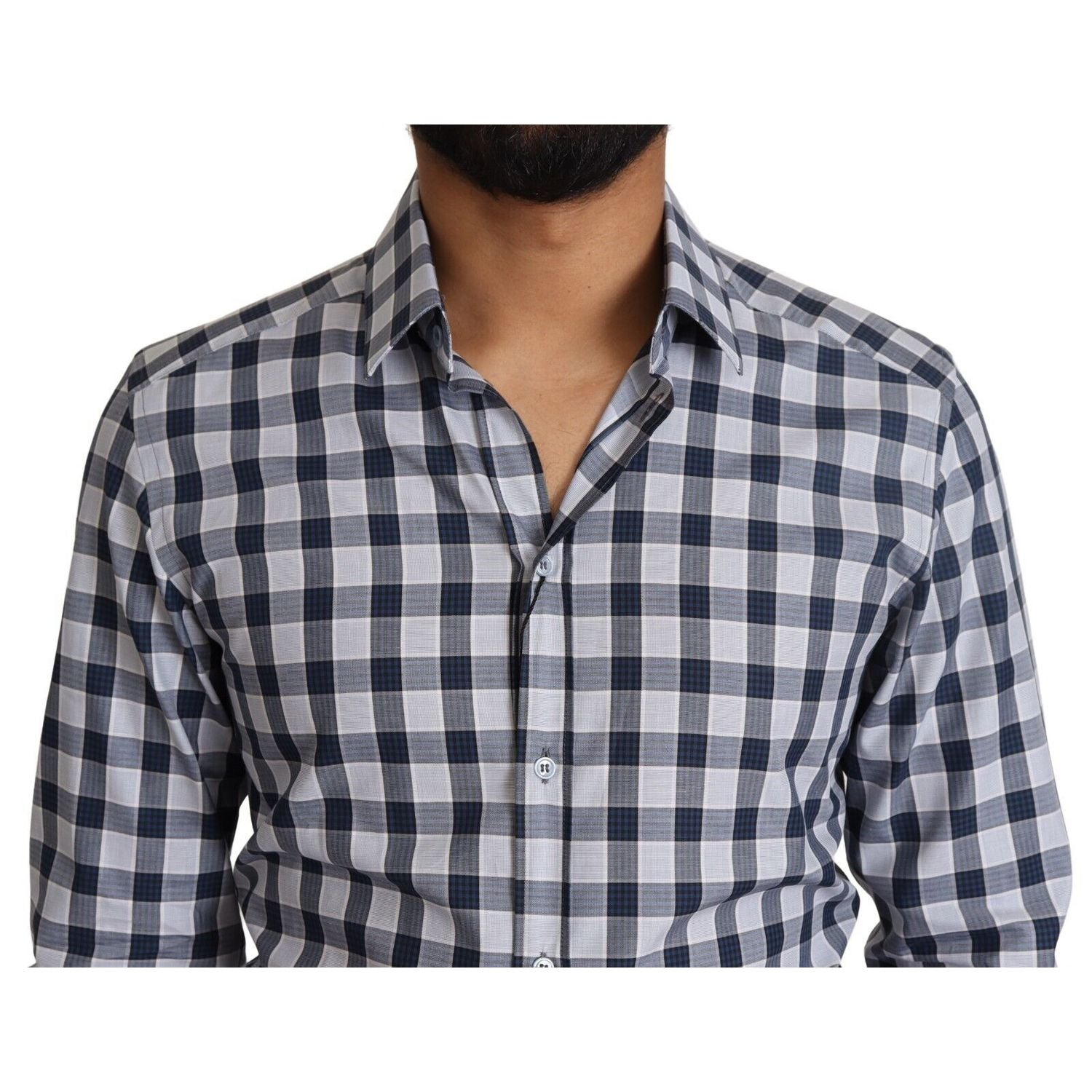 Dolce & Gabbana Blue White Check Cotton Slim Fit GOLD Shirt