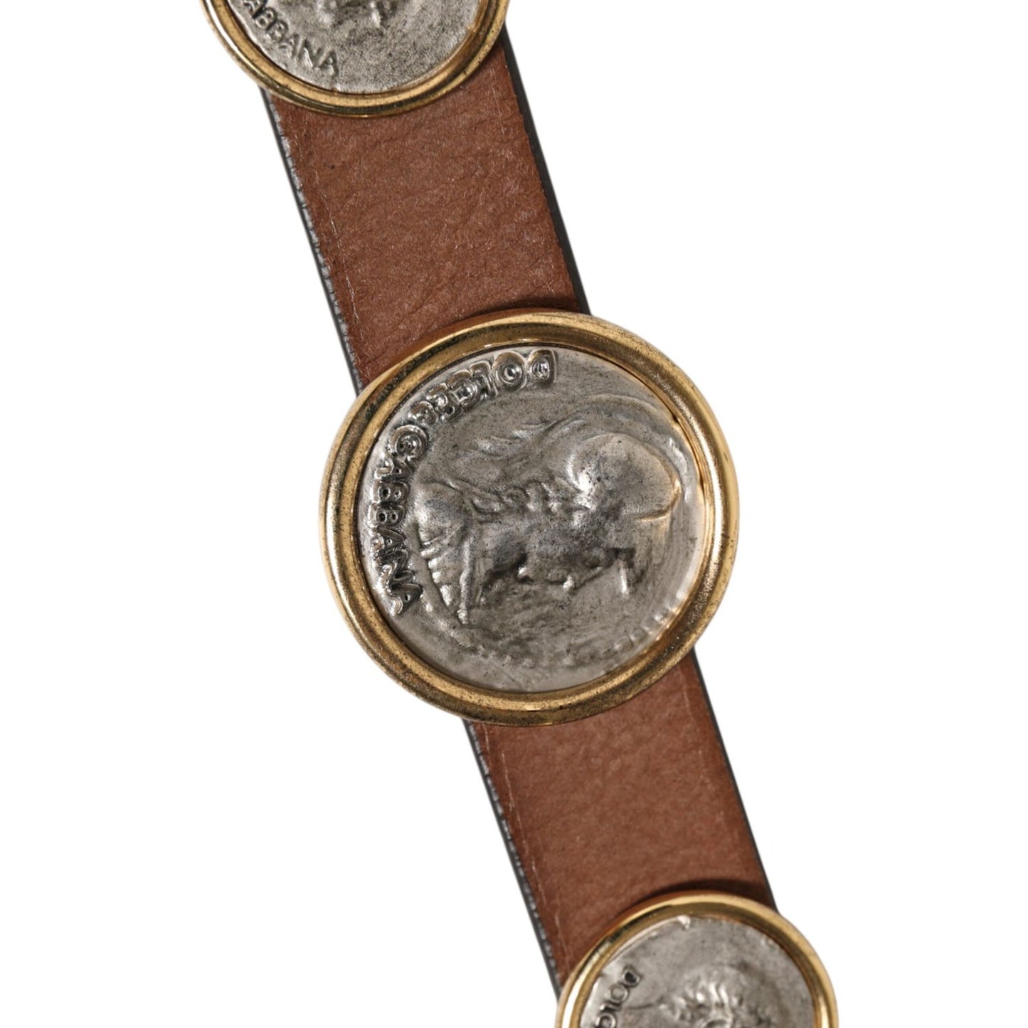 Dolce & Gabbana Brown Leather Gold Silver Coin Buckle Belt