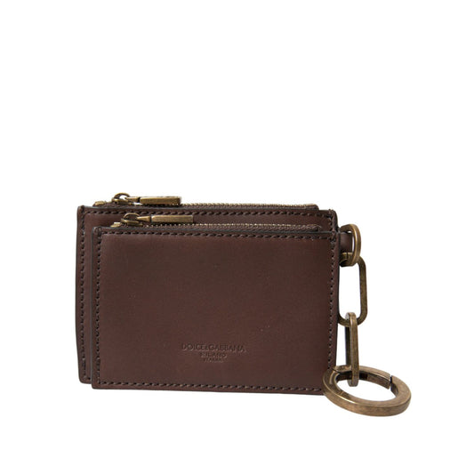 Dolce & Gabbana Brown Leather Zip Logo Keyring Coin Purse Keyring Wallet