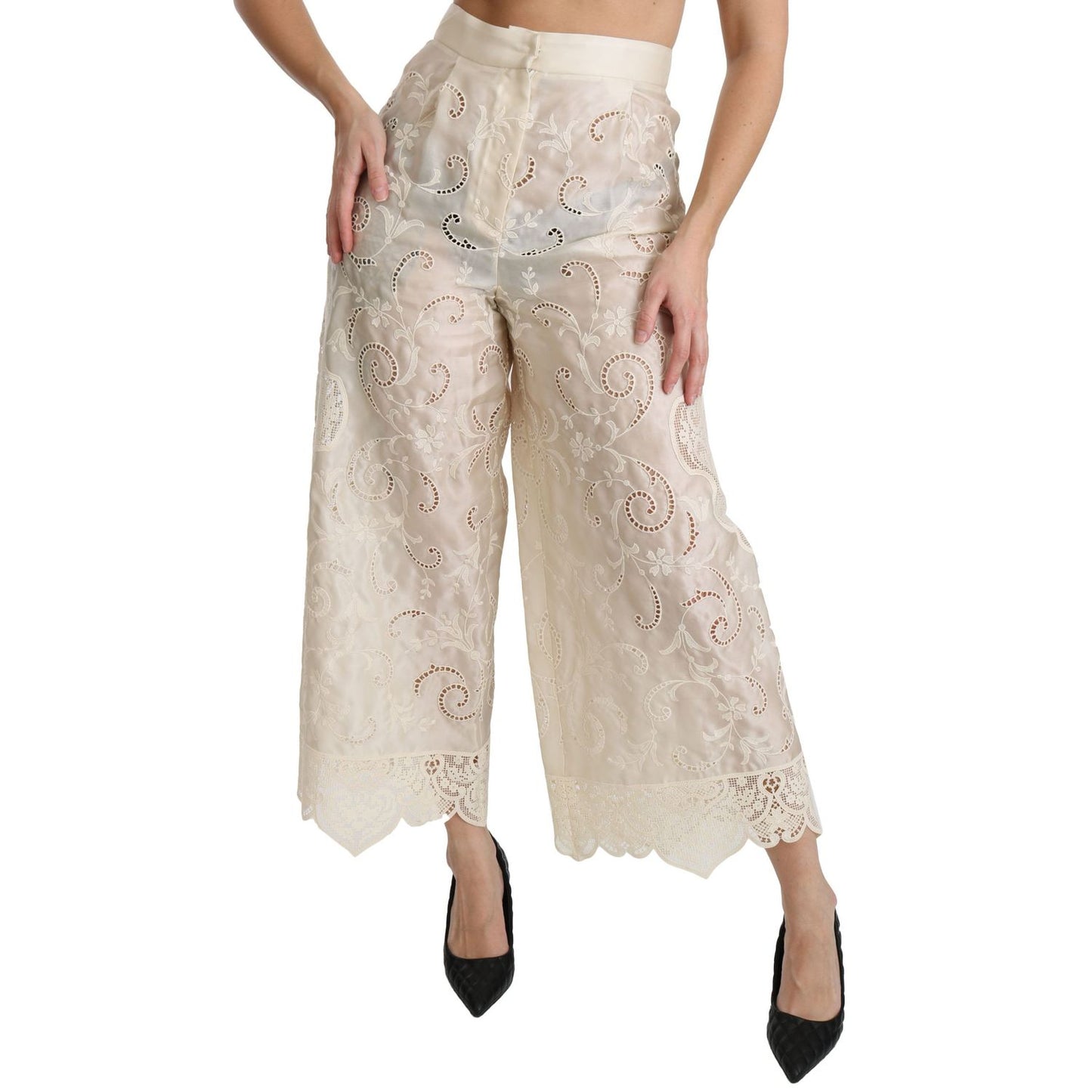 Dolce & Gabbana Cream Lace High Waist Palazzo Cropped Pants