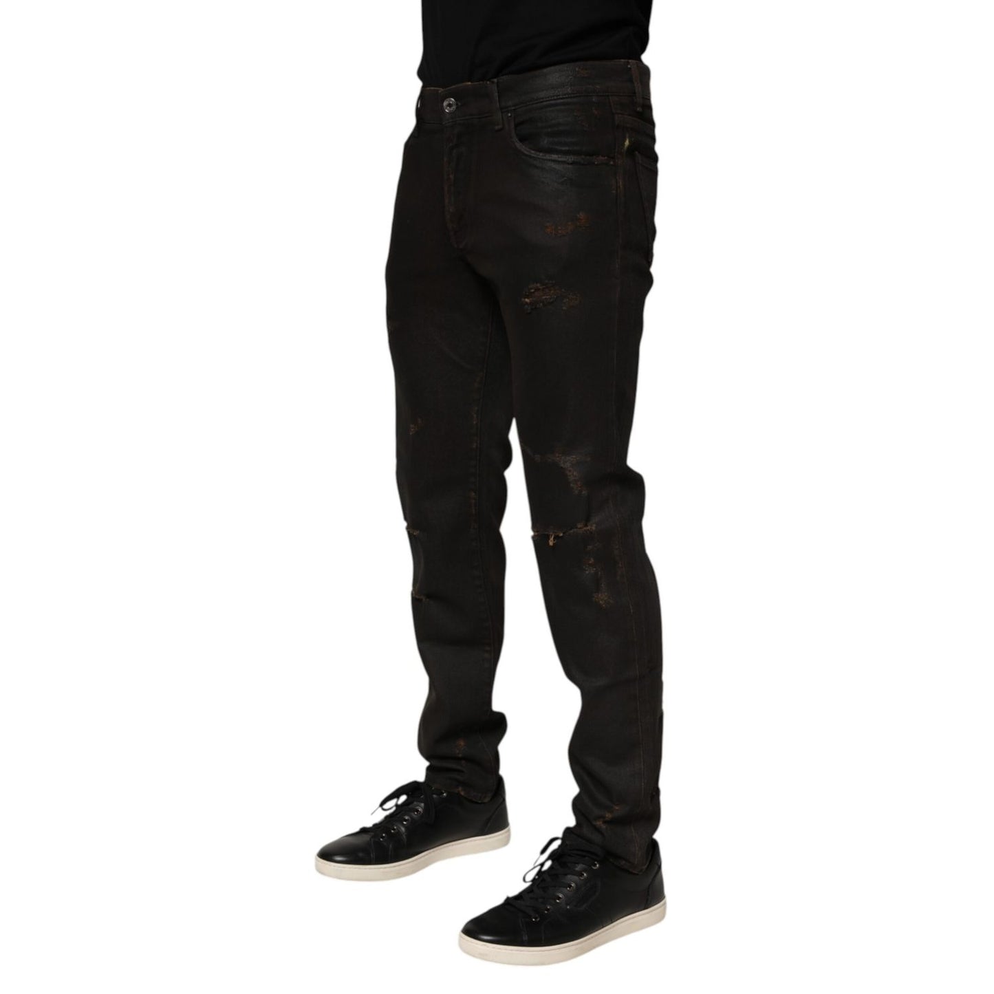 Dolce & Gabbana Dark Brown Tattered Cotton Skinny Denim Jeans