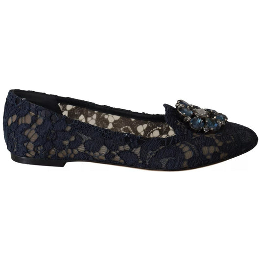 Dolce & Gabbana Blue Crystal Loafer Lace Ballet Flats Shoes LA9343-37