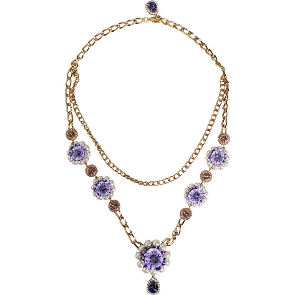 Dolce & Gabbana Gold Tone Floral Crystals Embellished Layered Necklace SMY10392