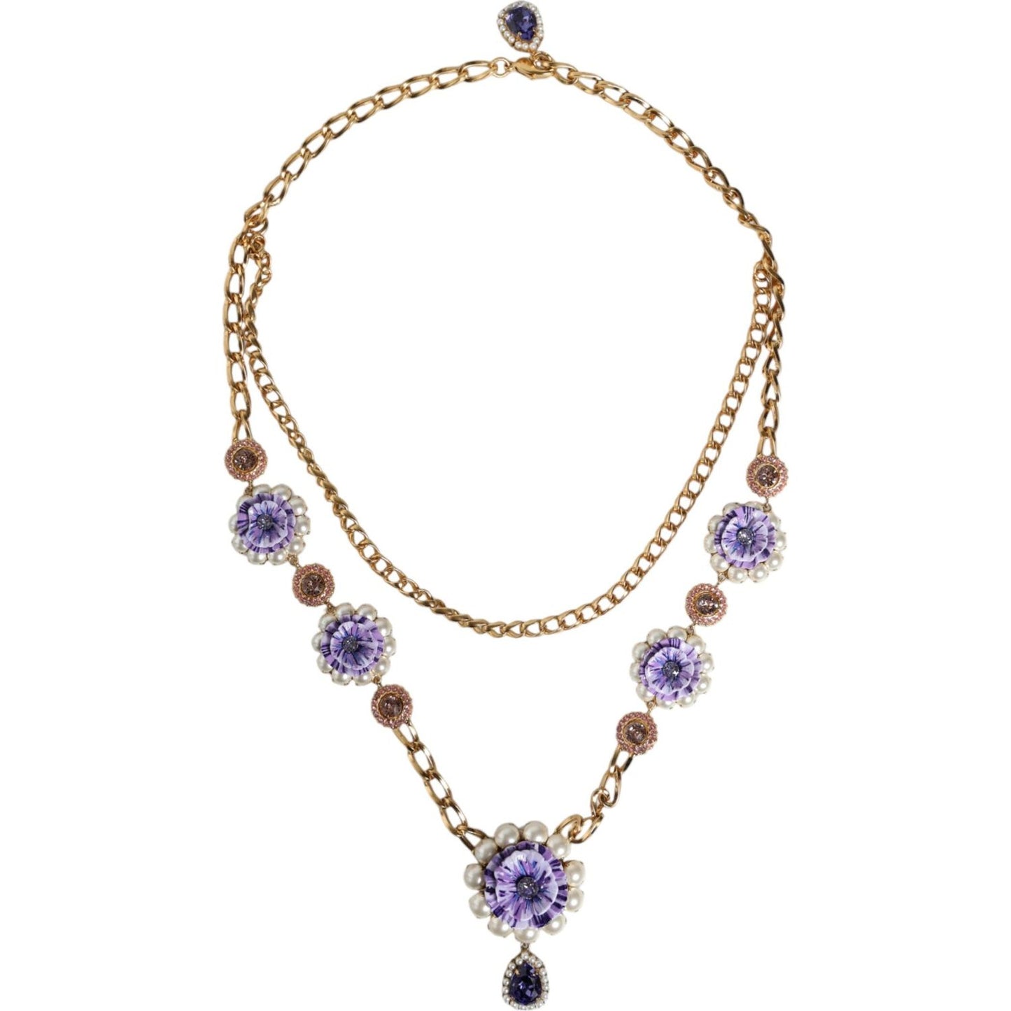 Dolce & Gabbana Gold Tone Floral Crystals Embellished Layered Necklace SMY10392