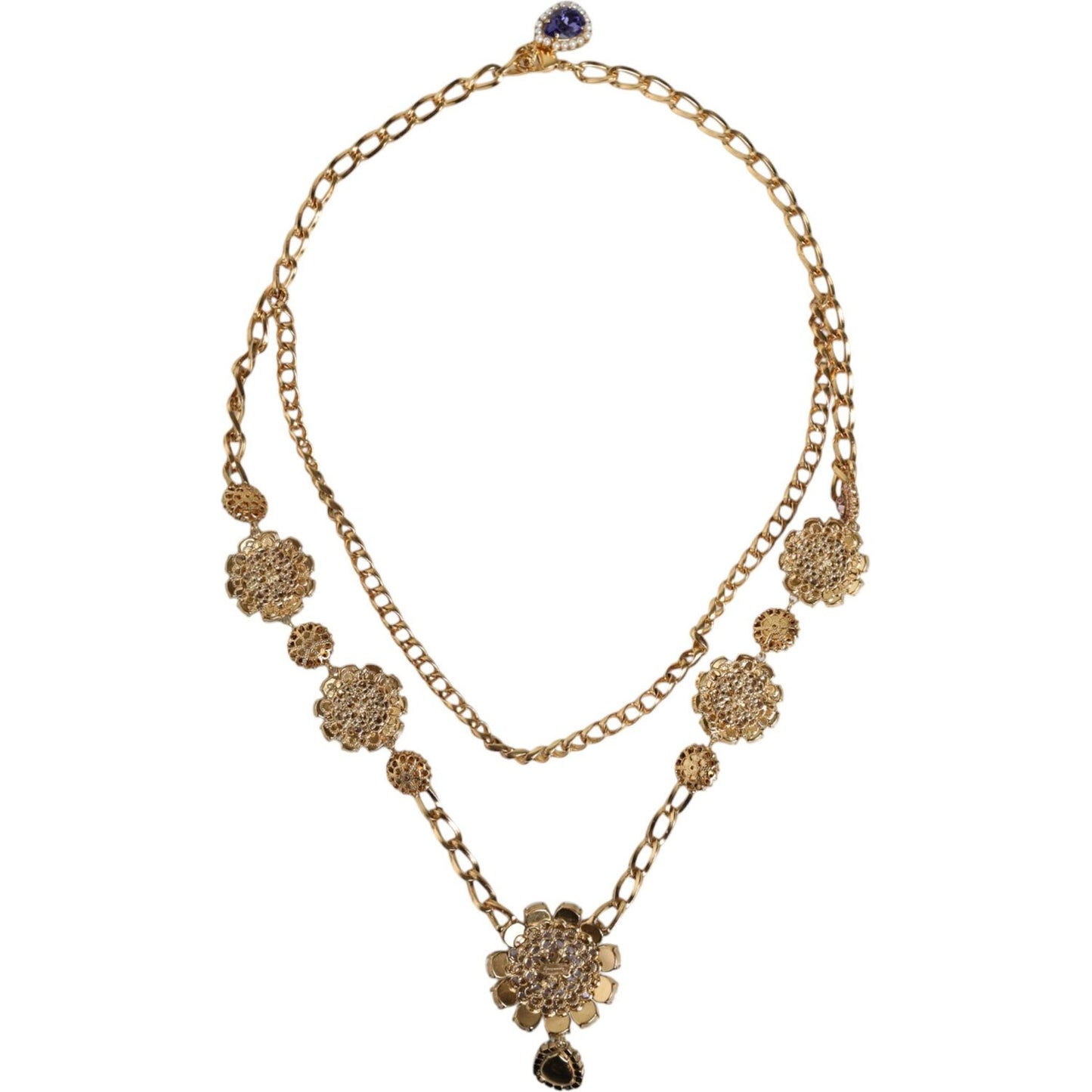 Dolce & Gabbana Gold Tone Floral Crystals Embellished Layered Necklace SMY10392