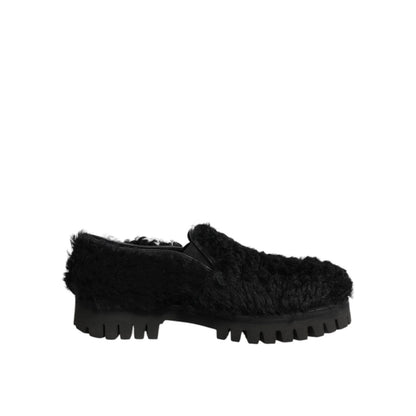 Dolce & Gabbana Dress Black Fur Leather Slippers Men Shoes