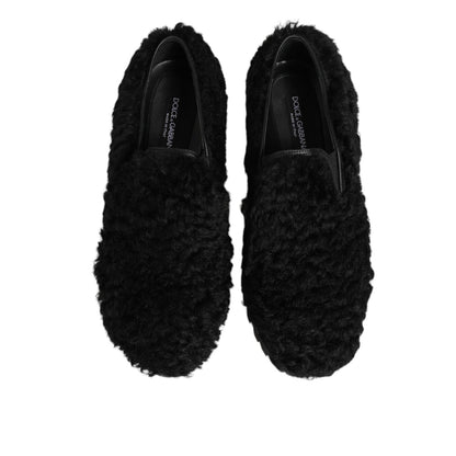 Dolce & Gabbana Dress Black Fur Leather Slippers Men Shoes