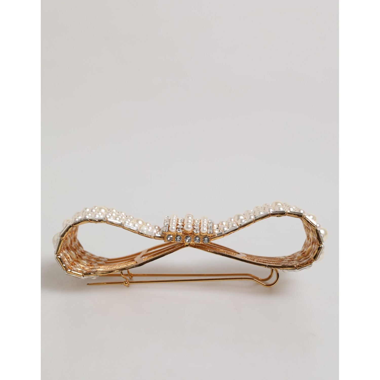 Dolce & Gabbana Gold Tone Brass Bow Crystal FauxPearl Embellished Brooch