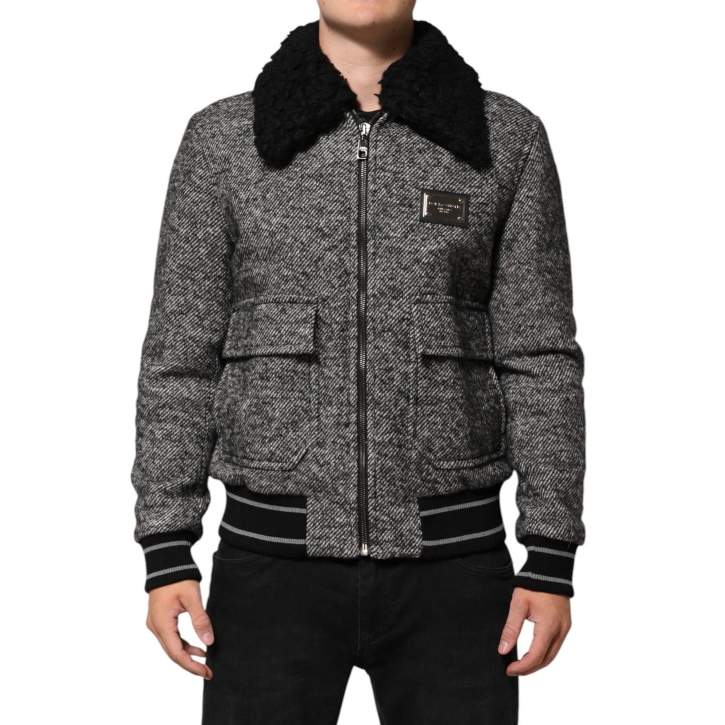 Dolce & Gabbana Gray Wool Herringbone Shearling Collar Bomber Jacket