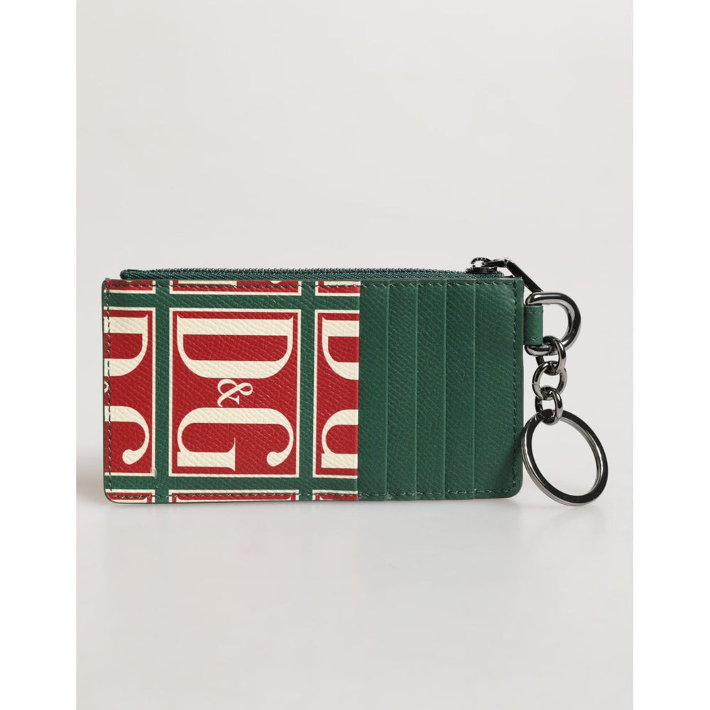 Dolce & Gabbana Green Calf Leather Logo Print Monogram Card Holder Wallet with zip and ring fastening, made in Italy.