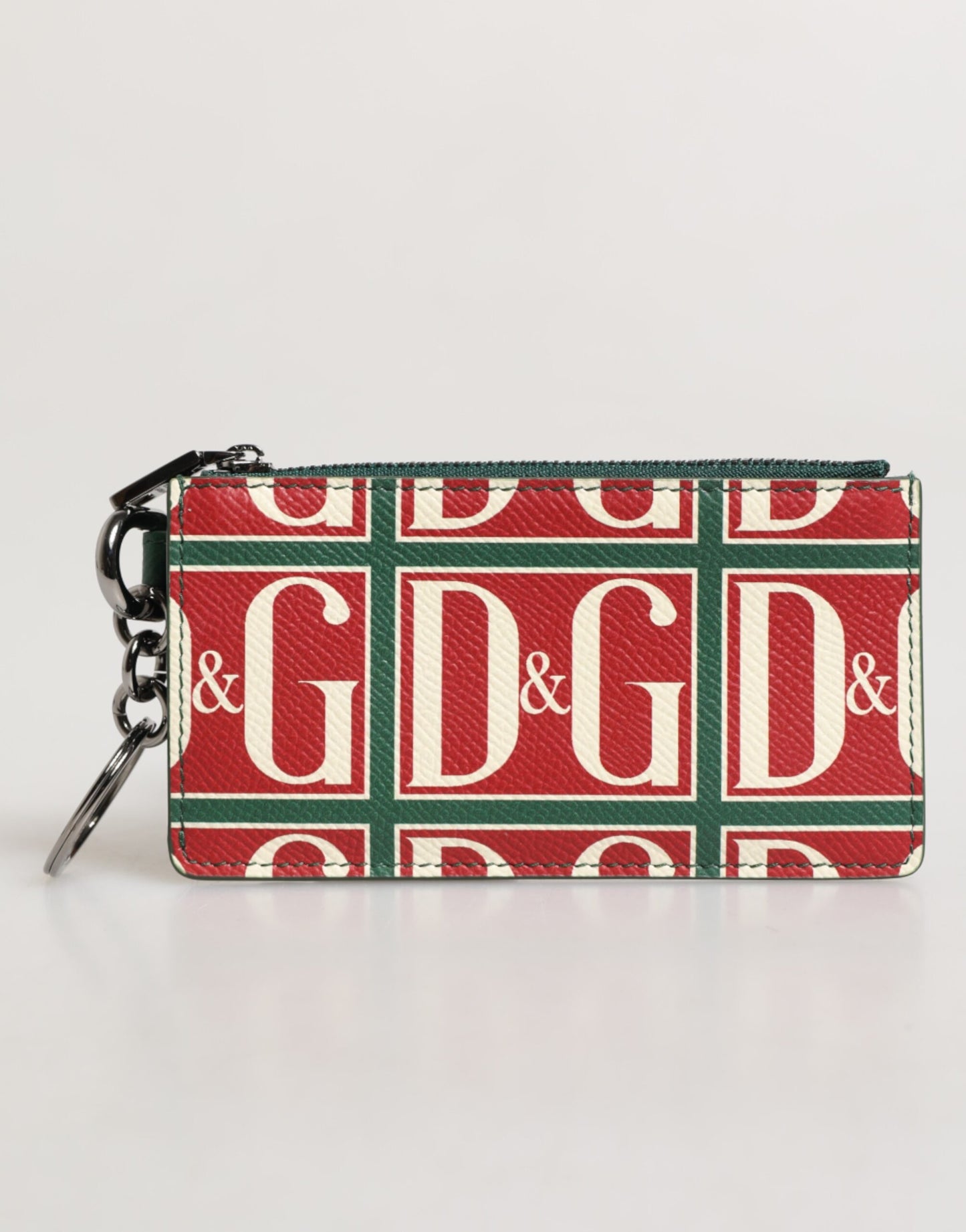 Dolce & Gabbana Green Calf Leather Logo Print Monogram Card Holder Wallet with zipper and ring fastening, logo details.