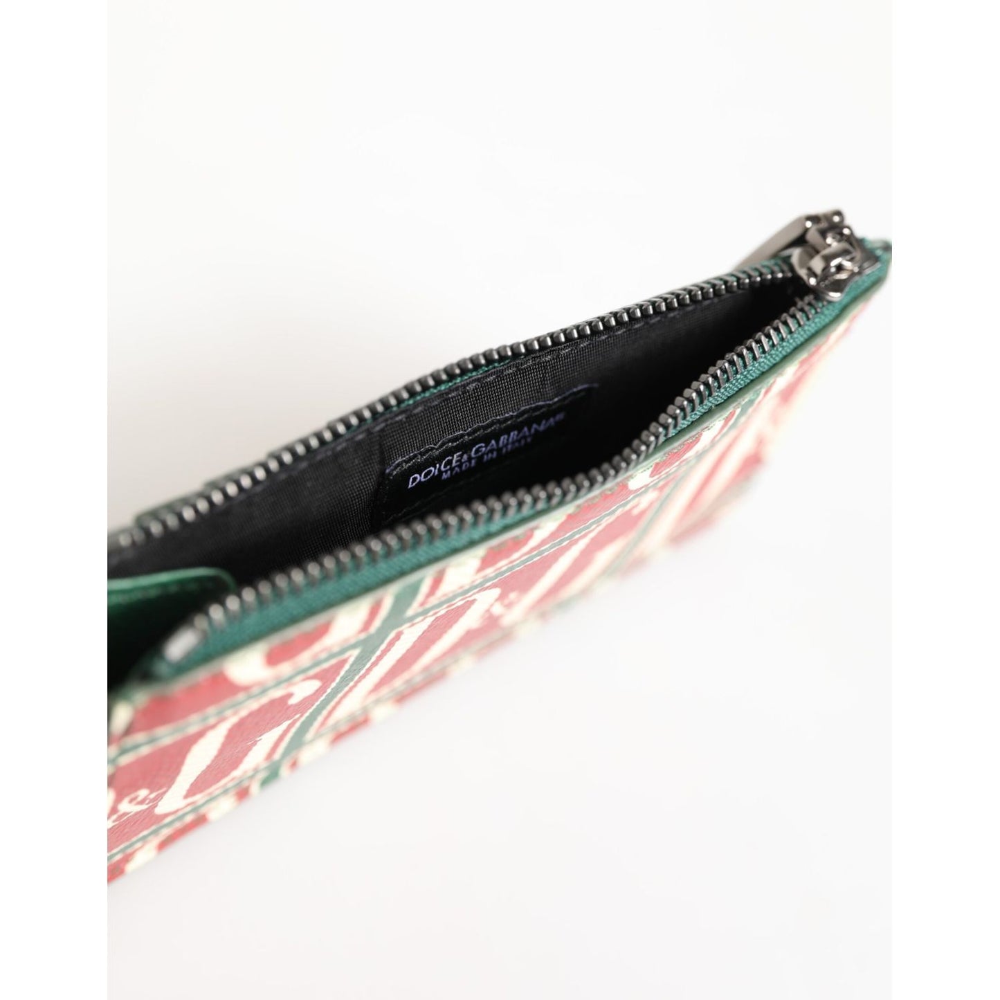 Dolce & Gabbana Green Calf Leather Logo Print Monogram Card Holder Wallet zipper detail